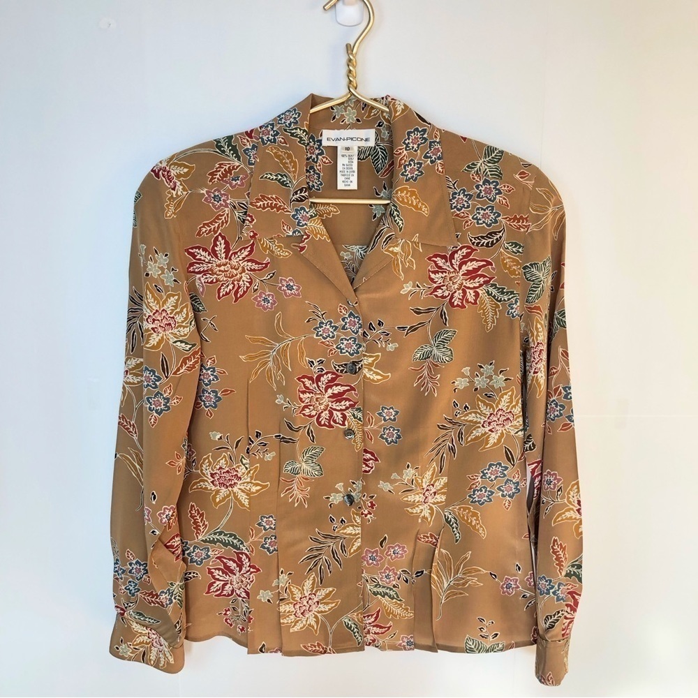 VINTAGE caramel silk button up top earthy floral print padded shoulders 10
